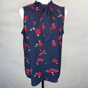 Elle Women Sz S Blouse Navy Floral Hi Neck Tie Keyhole Back Sleeveless